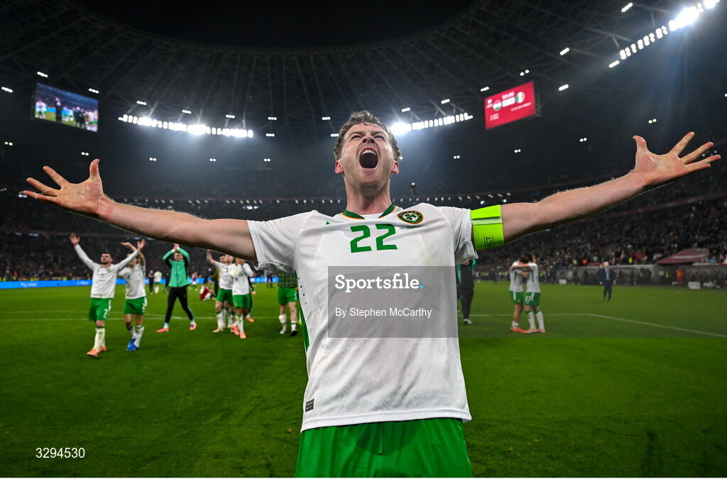 16 November 2025; Nathan Collins of Republic of Ireland celebrates after the FIFA World Cup 2026 Group F Qualifier match between Hungary and Republic of Ireland at Puskás Aréna in Budapest, Hungary. Photo by Stephen McCarthy/Sportsfile