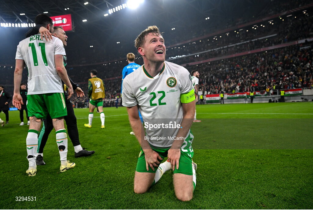 16 November 2025; Nathan Collins of Republic of Ireland celebrates after the FIFA World Cup 2026 Group F Qualifier match between Hungary and Republic of Ireland at Puskás Aréna in Budapest, Hungary. Photo by Stephen McCarthy/Sportsfile