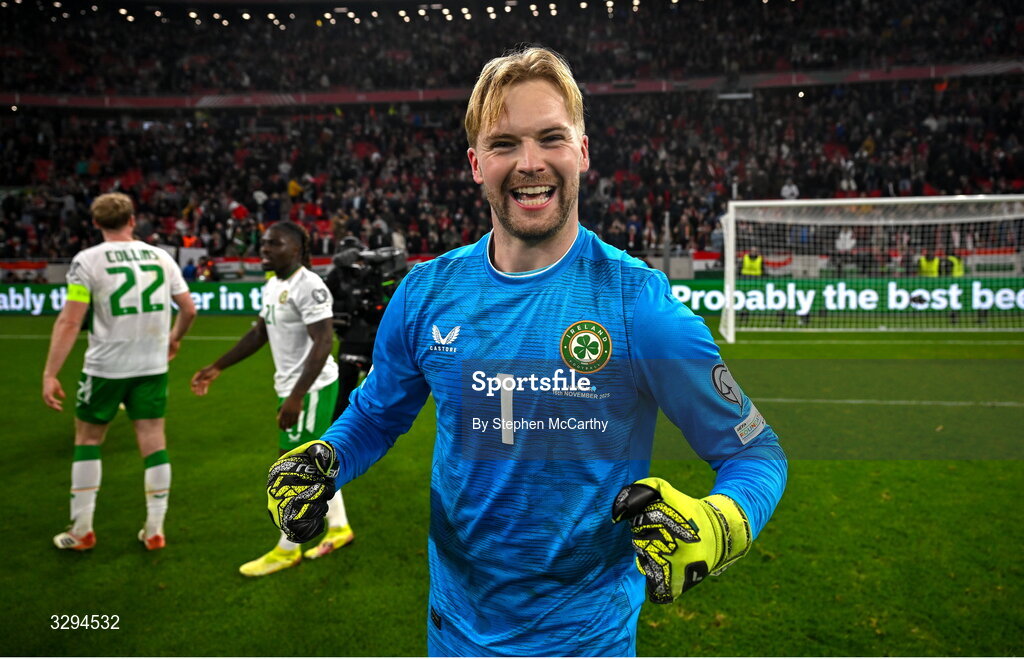 16 November 2025; Republic of Ireland goalkeeper Caoimhin Kelleher celebrates after the FIFA World Cup 2026 Group F Qualifier match between Hungary and Republic of Ireland at Puskás Aréna in Budapest, Hungary. Photo by Stephen McCarthy/Sportsfile