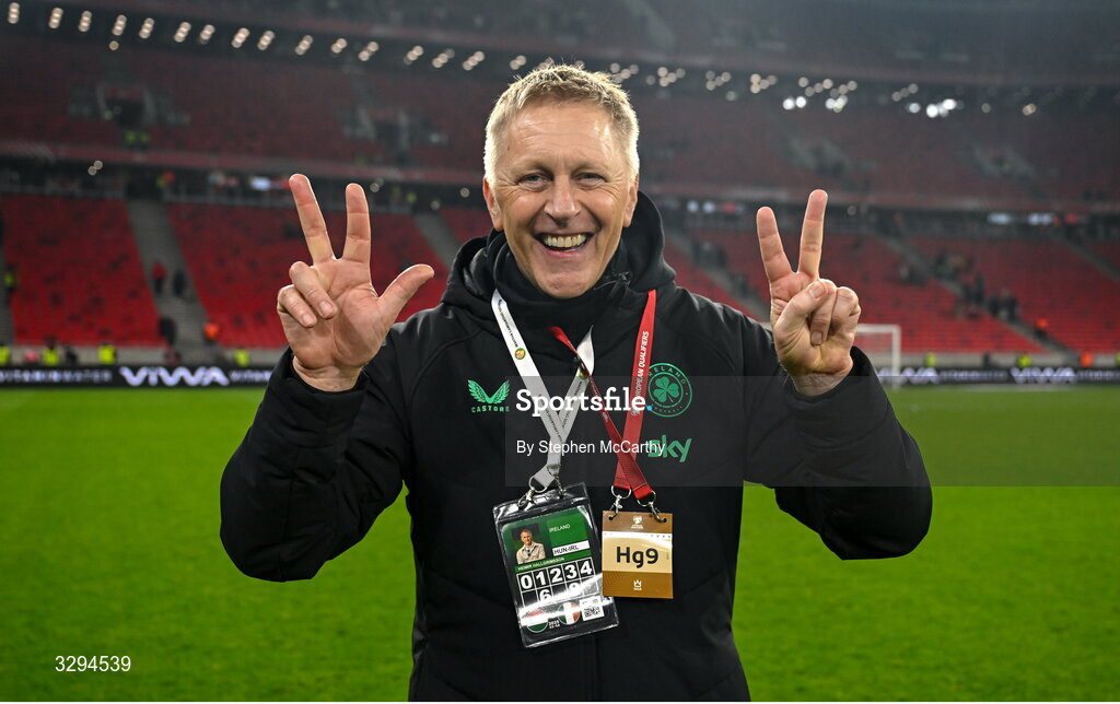 16 November 2025; Republic of Ireland head coach Heimir Hallgrimsson celebrates after the FIFA World Cup 2026 Group F Qualifier match between Hungary and Republic of Ireland at Puskás Aréna in Budapest, Hungary. Photo by Stephen McCarthy/Sportsfile