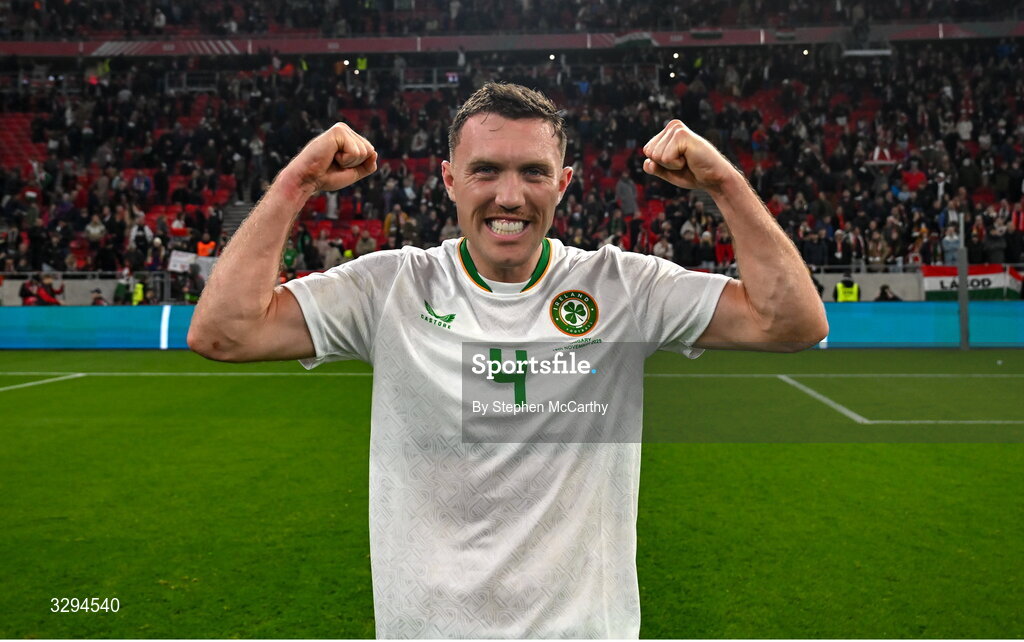 16 November 2025; Dara O'Shea of Republic of Ireland celebrates after the FIFA World Cup 2026 Group F Qualifier match between Hungary and Republic of Ireland at Puskás Aréna in Budapest, Hungary. Photo by Stephen McCarthy/Sportsfile