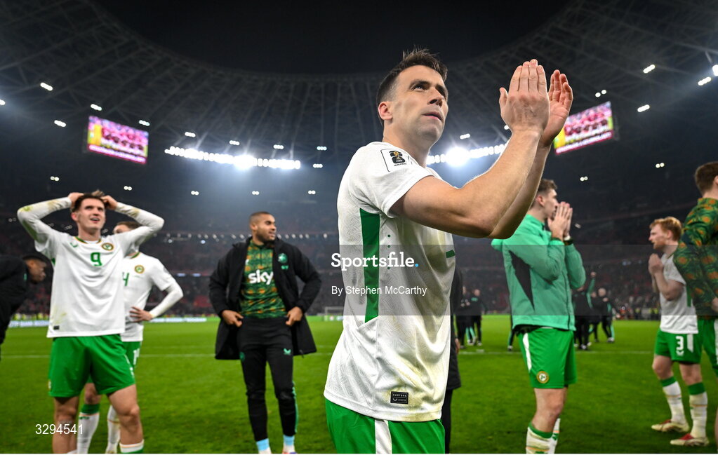 16 November 2025; Seamus Coleman of Republic of Ireland celebrates after the FIFA World Cup 2026 Group F Qualifier match between Hungary and Republic of Ireland at Puskás Aréna in Budapest, Hungary. Photo by Stephen McCarthy/Sportsfile