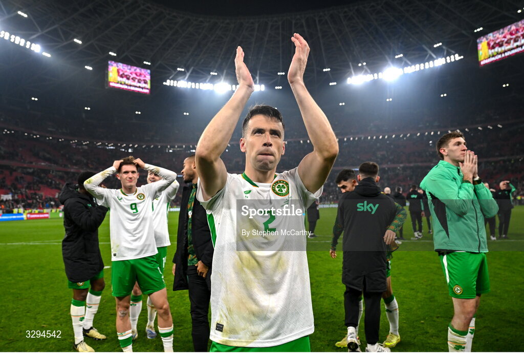 16 November 2025; Seamus Coleman of Republic of Ireland celebrates after the FIFA World Cup 2026 Group F Qualifier match between Hungary and Republic of Ireland at Puskás Aréna in Budapest, Hungary. Photo by Stephen McCarthy/Sportsfile
