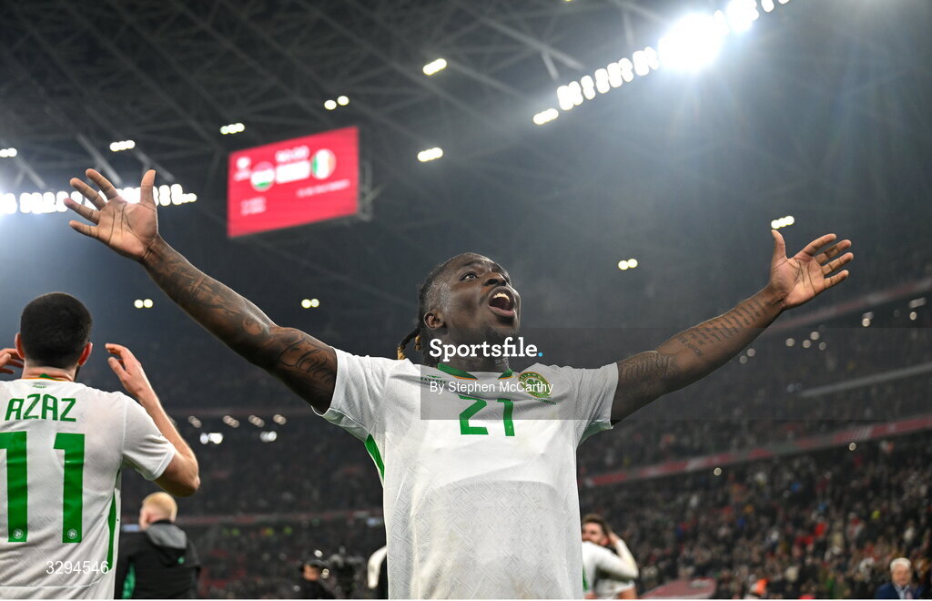 16 November 2025; Festy Ebosele of Republic of Ireland celebrates after the FIFA World Cup 2026 Group F Qualifier match between Hungary and Republic of Ireland at Puskás Aréna in Budapest, Hungary. Photo by Stephen McCarthy/Sportsfile