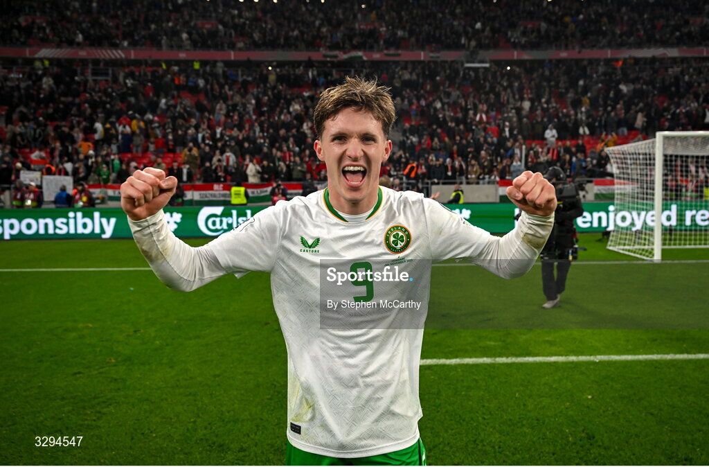 16 November 2025; Johnny Kenny of Republic of Ireland celebrates after the FIFA World Cup 2026 Group F Qualifier match between Hungary and Republic of Ireland at Puskás Aréna in Budapest, Hungary. Photo by Stephen McCarthy/Sportsfile