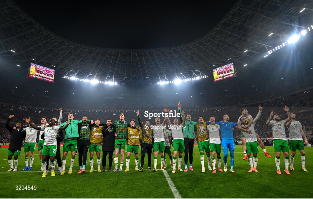 16 November 2025; The Republic of Ireland team celebrate after the FIFA World Cup 2026 Group F Qualifier match between Hungary and Republic of Ireland at Puskás Aréna in Budapest, Hungary. Photo by Stephen McCarthy/Sportsfile