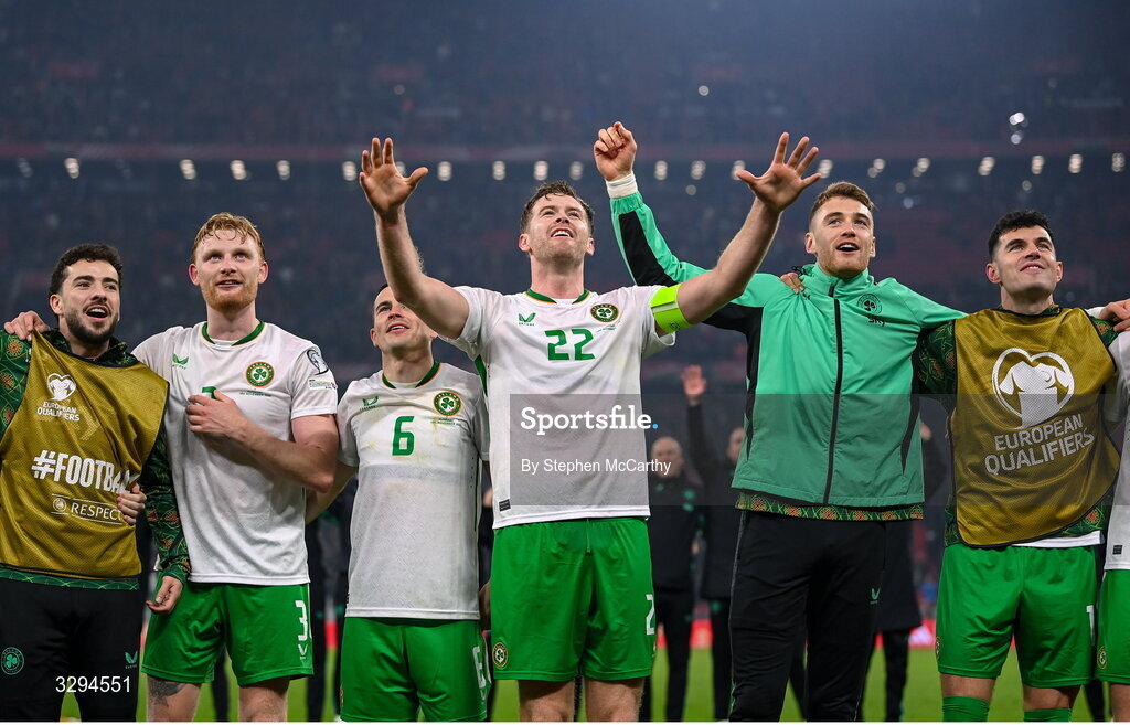 16 November 2025; Republic of Ireland players, from left, Mikey Johnston, Liam Scales, Josh Cullen, Nathan Collins, Mark Travers and John Egan celebrate after the FIFA World Cup 2026 Group F Qualifier match between Hungary and Republic of Ireland at Puskás Aréna in Budapest, Hungary. Photo by Stephen McCarthy/Sportsfile