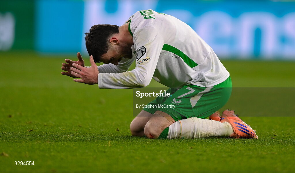 16 November 2025; Troy Parrott of Republic of Ireland reacts at the final whistle of the FIFA World Cup 2026 Group F Qualifier match between Hungary and Republic of Ireland at Puskás Aréna in Budapest, Hungary. Photo by Stephen McCarthy/Sportsfile