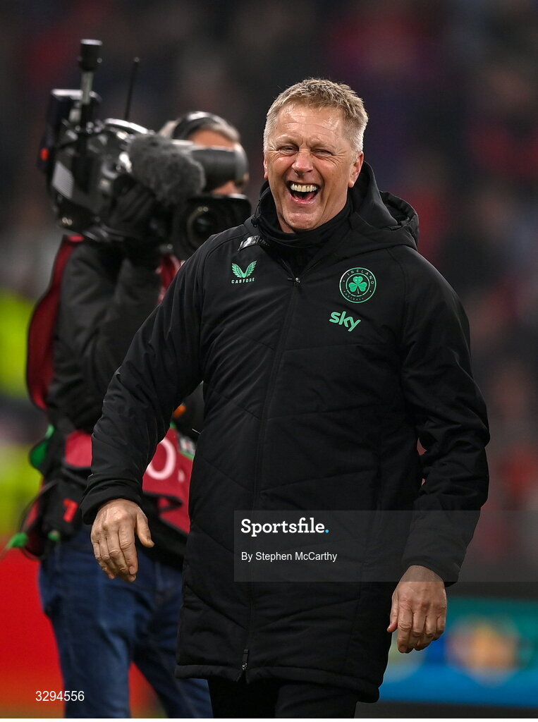 16 November 2025; Republic of Ireland head coach Heimir Hallgrimsson celebrates his side's third goal, scored by Troy Parrott, during the FIFA World Cup 2026 Group F Qualifier match between Hungary and Republic of Ireland at Puskás Aréna in Budapest, Hungary. Photo by Stephen McCarthy/Sportsfile