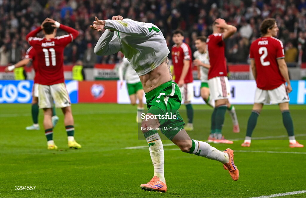 16 November 2025; Troy Parrott of Republic of Ireland celebrates after scoring his side's third goal during the FIFA World Cup 2026 Group F Qualifier match between Hungary and Republic of Ireland at Puskás Aréna in Budapest, Hungary. Photo by Stephen McCarthy/Sportsfile