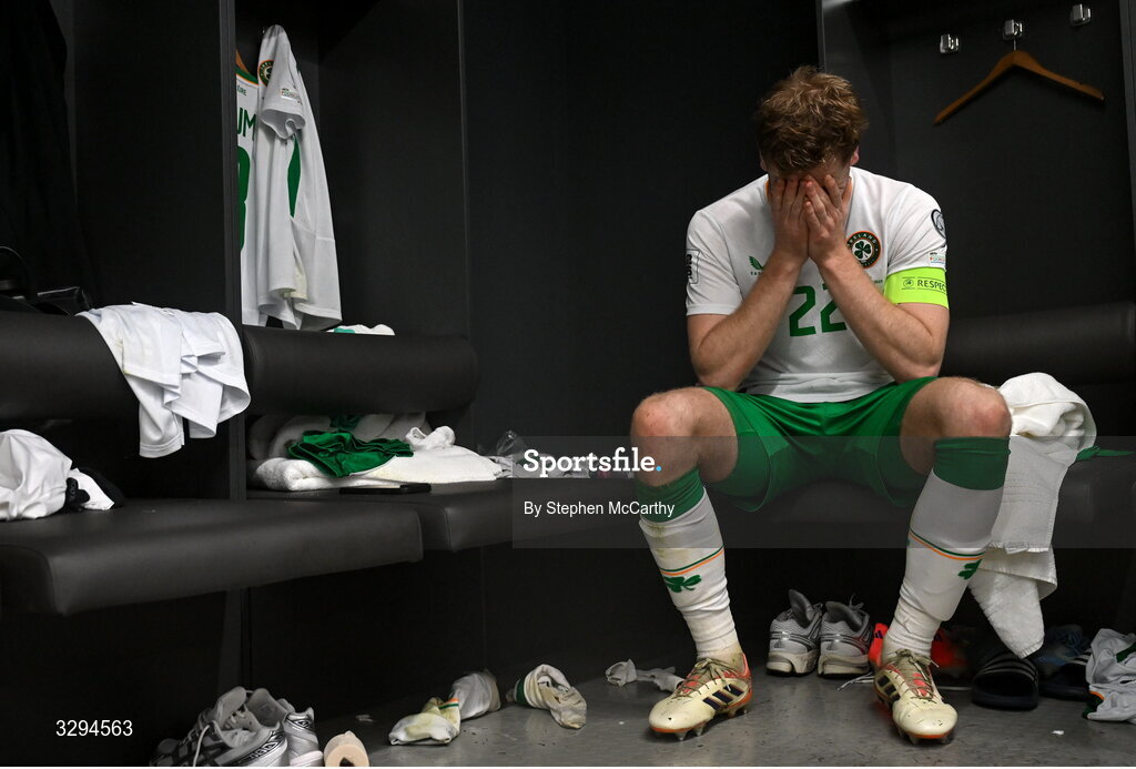 16 November 2025; Nathan Collins of Republic of Ireland in the dressing room after the FIFA World Cup 2026 Group F Qualifier match between Hungary and Republic of Ireland at Puskás Aréna in Budapest, Hungary. Photo by Stephen McCarthy/Sportsfile