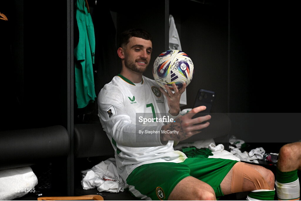 16 November 2025; / celebrates in the dressing room after the FIFA World Cup 2026 Group F Qualifier match between Hungary and Republic of Ireland at Puskás Aréna in Budapest, Hungary. Photo by Stephen McCarthy/Sportsfile
