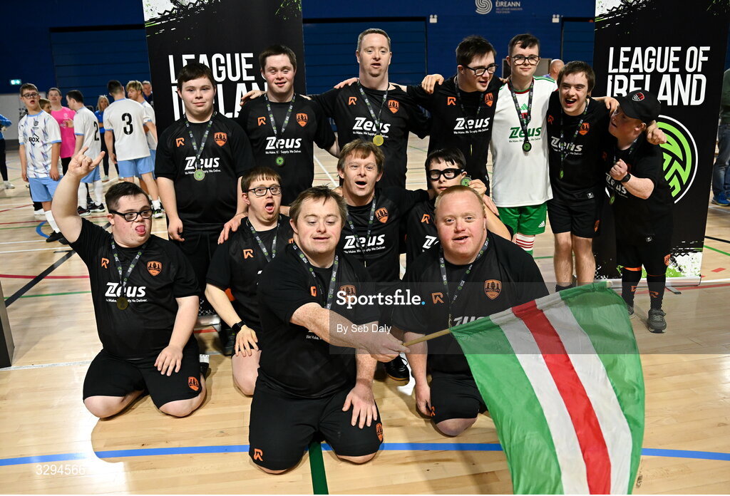 16 November 2025; Cork City players and coaches after the LOI Cairdeas Cup Festival at the National Indoor Arena on the Sport Ireland Campus in Dublin. Photo by Seb Daly/Sportsfile