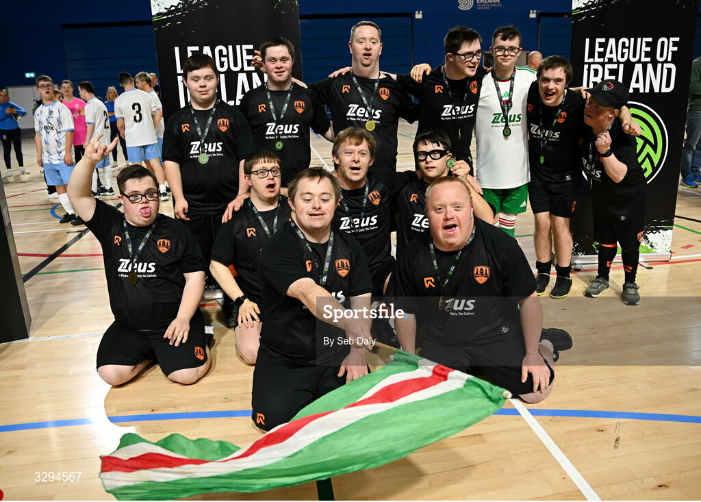 16 November 2025; Cork City players and coaches after the LOI Cairdeas Cup Festival at the National Indoor Arena on the Sport Ireland Campus in Dublin. Photo by Seb Daly/Sportsfile
