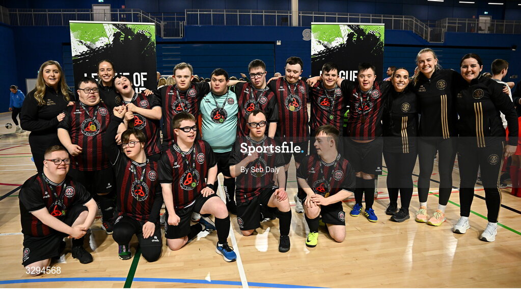 16 November 2025; Bohemians players and coaches after the LOI Cairdeas Cup Festival at the National Indoor Arena on the Sport Ireland Campus in Dublin. Photo by Seb Daly/Sportsfile