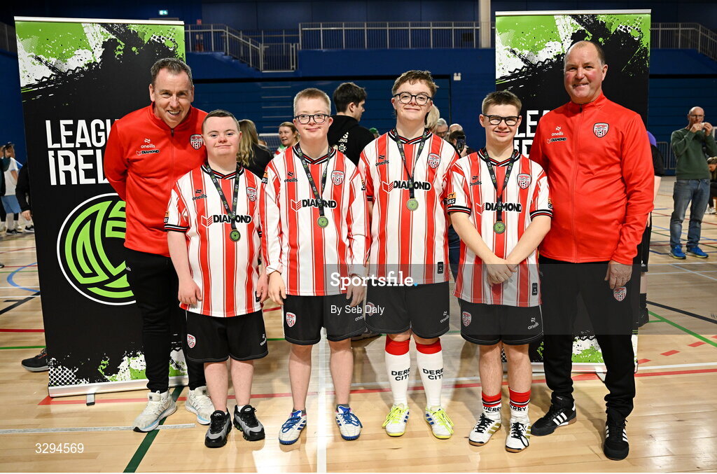 16 November 2025; Derry City players and coaches after the LOI Cairdeas Cup Festival at the National Indoor Arena on the Sport Ireland Campus in Dublin. Photo by Seb Daly/Sportsfile