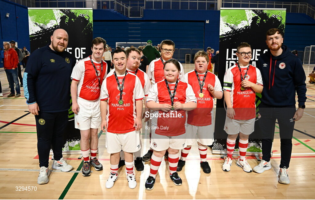 16 November 2025; St Patrick's Athletic players and coaches after the LOI Cairdeas Cup Festival at the National Indoor Arena on the Sport Ireland Campus in Dublin. Photo by Seb Daly/Sportsfile