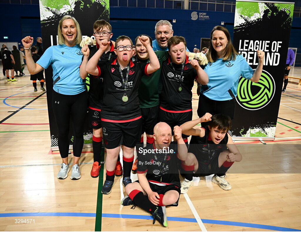 16 November 2025; Drogheda United players and coaches after the LOI Cairdeas Cup Festival at the National Indoor Arena on the Sport Ireland Campus in Dublin. Photo by Seb Daly/Sportsfile
