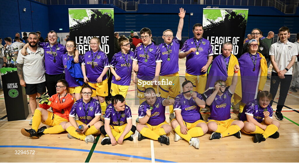 16 November 2025; Wexford players and coaches after the LOI Cairdeas Cup Festival at the National Indoor Arena on the Sport Ireland Campus in Dublin. Photo by Seb Daly/Sportsfile