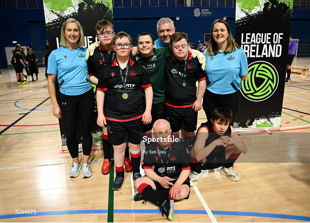 16 November 2025; Drogheda United players and coaches after the LOI Cairdeas Cup Festival at the National Indoor Arena on the Sport Ireland Campus in Dublin. Photo by Seb Daly/Sportsfile