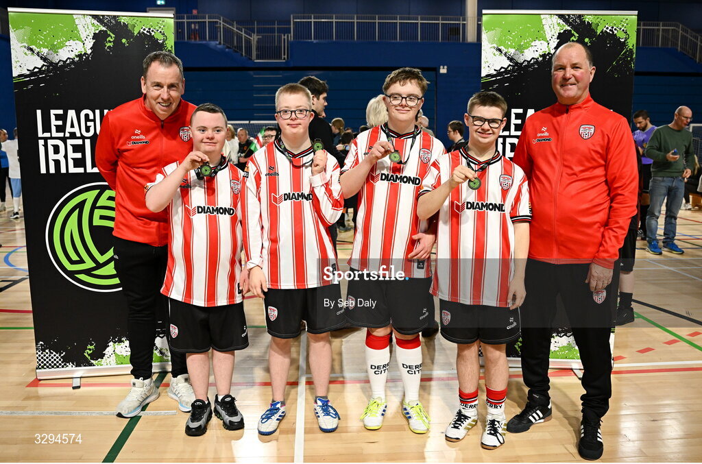 16 November 2025; Derry City players and coaches after the LOI Cairdeas Cup Festival at the National Indoor Arena on the Sport Ireland Campus in Dublin. Photo by Seb Daly/Sportsfile