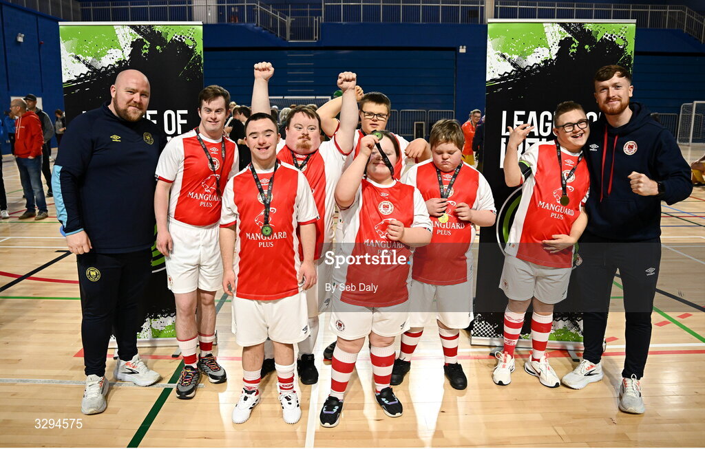 16 November 2025; St Patrick's Athletic players and coaches after the LOI Cairdeas Cup Festival at the National Indoor Arena on the Sport Ireland Campus in Dublin. Photo by Seb Daly/Sportsfile