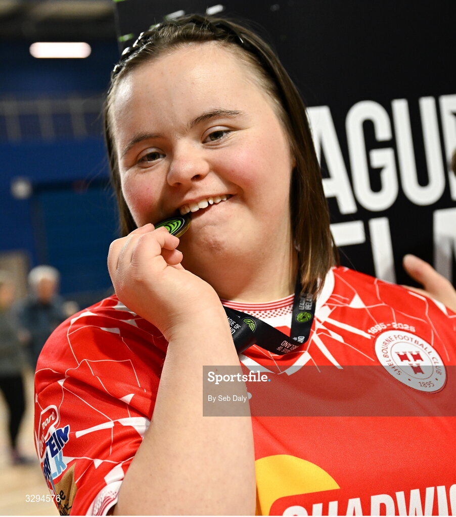 16 November 2025; Nessa Cody of Shelbourne with her medal after the LOI Cairdeas Cup Festival at the National Indoor Arena on the Sport Ireland Campus in Dublin. Photo by Seb Daly/Sportsfile