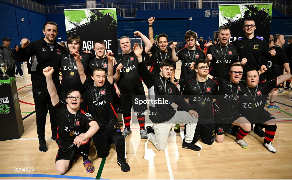 16 November 2025; Dundalk players and coaches after the LOI Cairdeas Cup Festival at the National Indoor Arena on the Sport Ireland Campus in Dublin. Photo by Seb Daly/Sportsfile