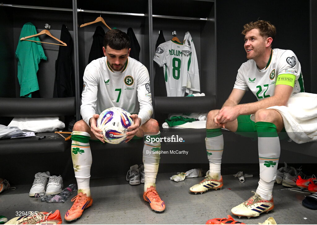 16 November 2025; Troy Parrott, left, and Nathan Collins of Republic of Ireland in the dressing room after the FIFA World Cup 2026 Group F Qualifier match between Hungary and Republic of Ireland at Puskás Aréna in Budapest, Hungary. Photo by Stephen McCarthy/Sportsfile