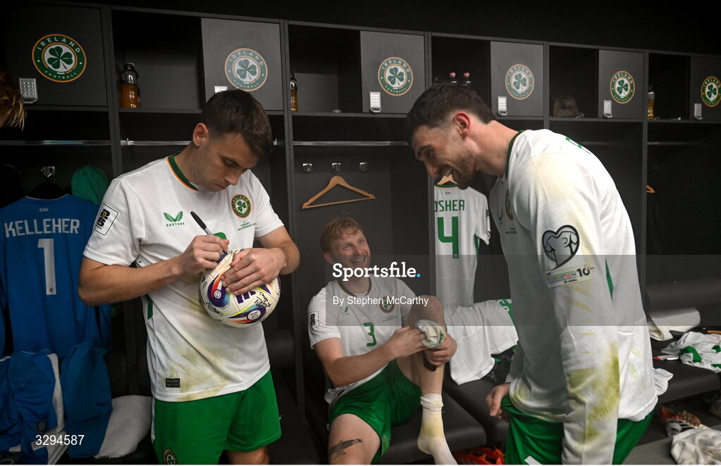 16 November 2025; Seamus Coleman, left, Liam Scales, centre, and Troy Parrott of Republic of Ireland in the dressing room after the FIFA World Cup 2026 Group F Qualifier match between Hungary and Republic of Ireland at Puskás Aréna in Budapest, Hungary. Photo by Stephen McCarthy/Sportsfile