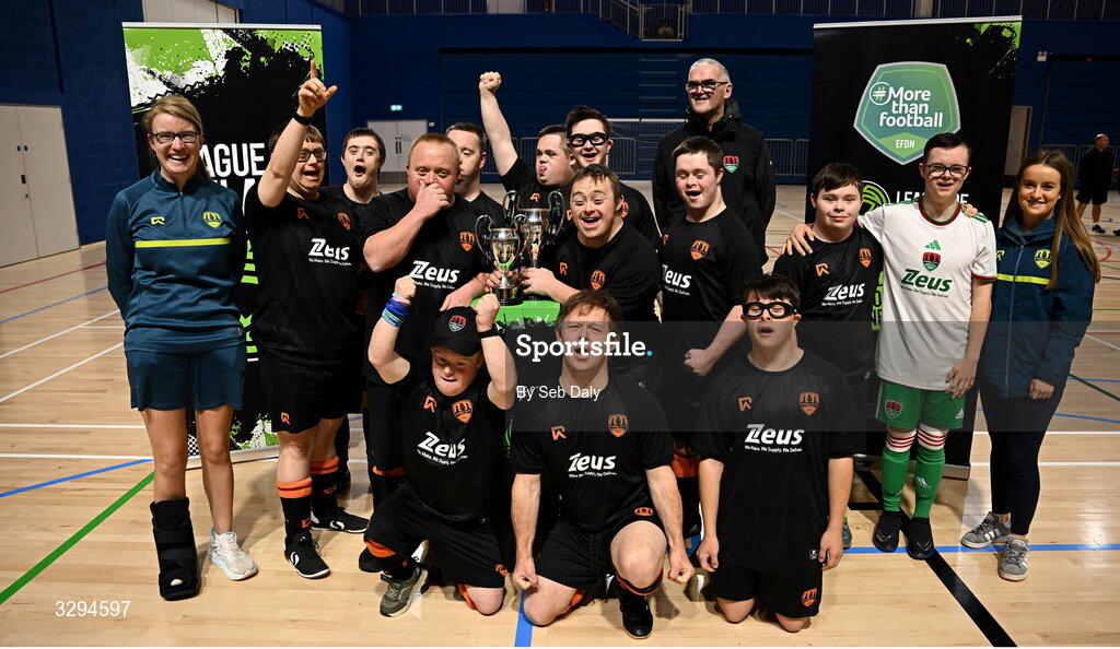 16 November 2025; Cork City players and coaches with the Cairdeas Cups before the LOI Cairdeas Cup Festival at the National Indoor Arena on the Sport Ireland Campus in Dublin. Photo by Seb Daly/Sportsfile