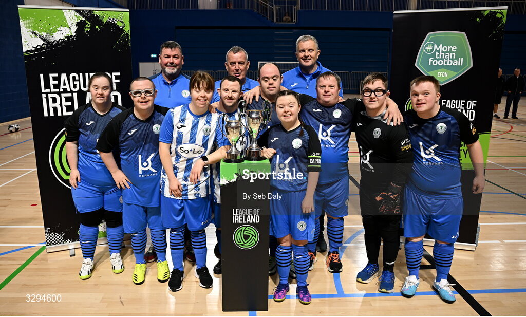 16 November 2025; Finn Harps players and coaches with the Cairdeas Cups before the LOI Cairdeas Cup Festival at the National Indoor Arena on the Sport Ireland Campus in Dublin. Photo by Seb Daly/Sportsfile