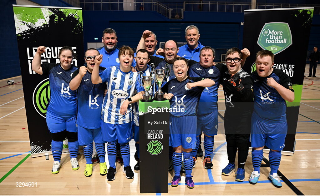 16 November 2025; Finn Harps players and coaches with the Cairdeas Cups before the LOI Cairdeas Cup Festival at the National Indoor Arena on the Sport Ireland Campus in Dublin. Photo by Seb Daly/Sportsfile