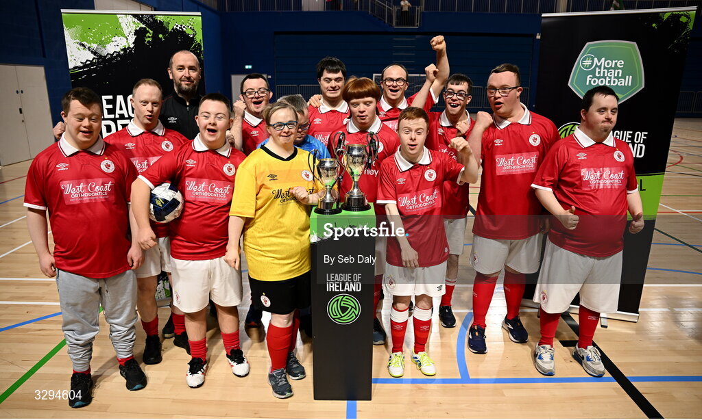 16 November 2025; Sligo Rovers players and coaches with the Cairdeas Cups before the LOI Cairdeas Cup Festival at the National Indoor Arena on the Sport Ireland Campus in Dublin. Photo by Seb Daly/Sportsfile