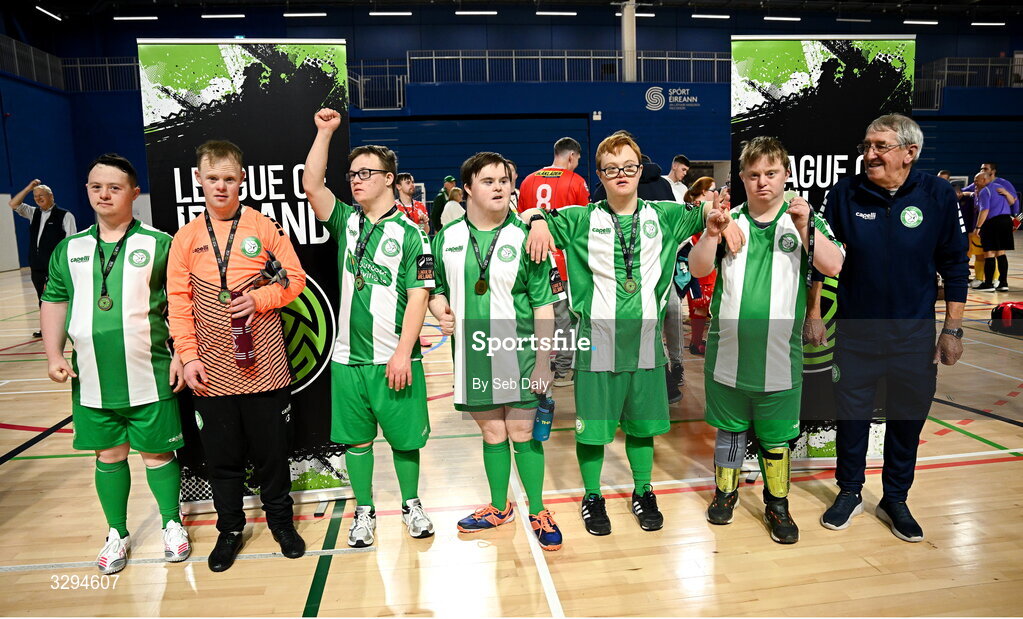 16 November 2025; Bray Wanderers players and coaches during the LOI Cairdeas Cup Festival at the National Indoor Arena on the Sport Ireland Campus in Dublin. Photo by Seb Daly/Sportsfile