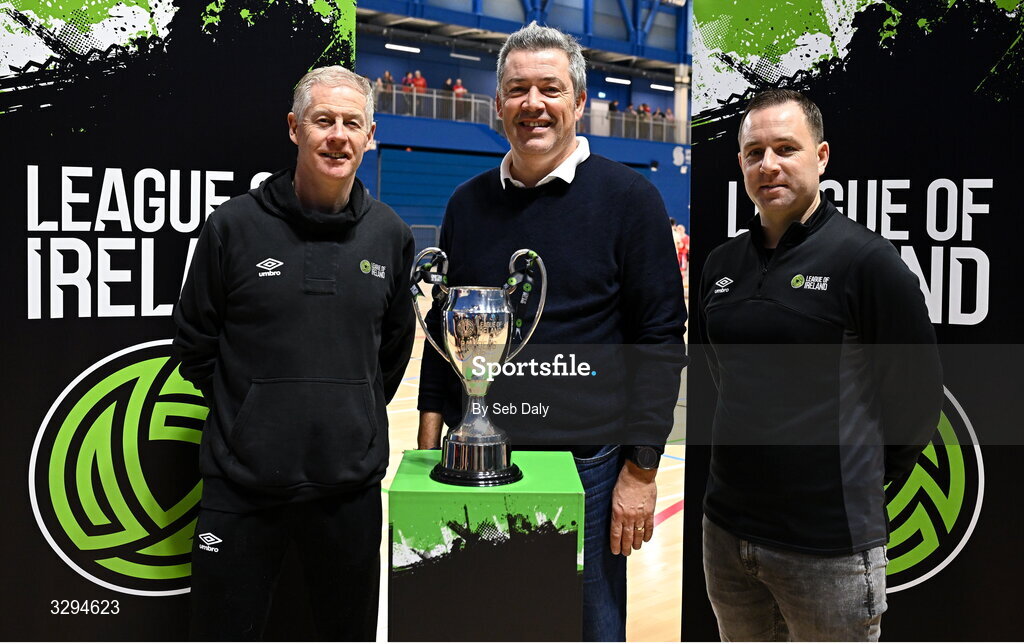 16 November 2025; League of Ireland football and social responsibility manager Derek O'Neill, left, Down Syndrome Ireland chief executive Aidan Stacey, centre, and League of Ireland director Mark Scanlon during the LOI Cairdeas Cup Festival at the National Indoor Arena on the Sport Ireland Campus in Dublin. Photo by Seb Daly/Sportsfile