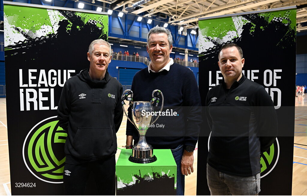 16 November 2025; League of Ireland football and social responsibility manager Derek O'Neill, left, Down Syndrome Ireland chief executive Aidan Stacey, centre, and League of Ireland director Mark Scanlon during the LOI Cairdeas Cup Festival at the National Indoor Arena on the Sport Ireland Campus in Dublin. Photo by Seb Daly/Sportsfile