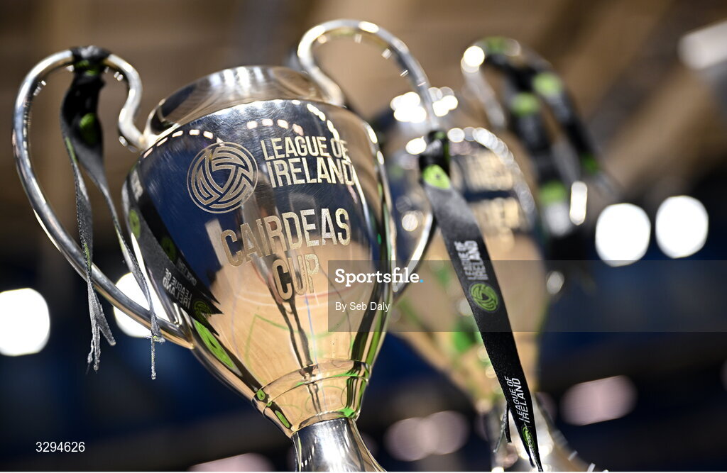 16 November 2025; The Cairdeas Cups before the LOI Cairdeas Cup Festival at the National Indoor Arena on the Sport Ireland Campus in Dublin. Photo by Seb Daly/Sportsfile