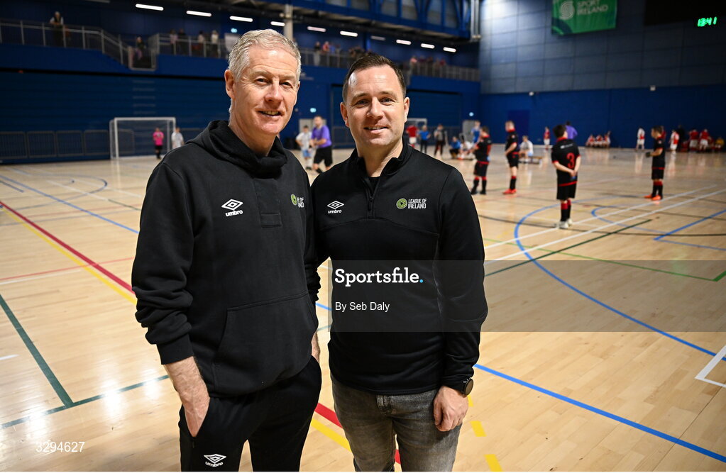16 November 2025; League of Ireland football and social responsibility manager Derek O'Neill, left, and League of Ireland director Mark Scanlon during the LOI Cairdeas Cup Festival at the National Indoor Arena on the Sport Ireland Campus in Dublin. Photo by Seb Daly/Sportsfile