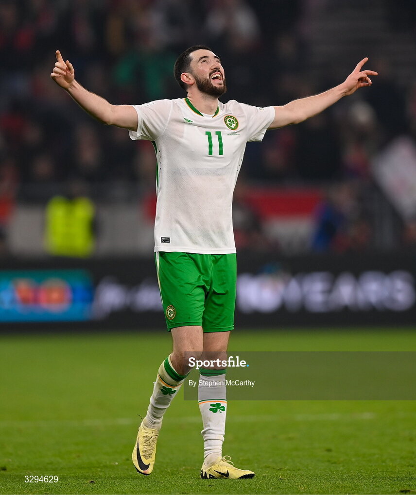 16 November 2025; Finn Azaz of Republic of Ireland reacts at the final whistle of the FIFA World Cup 2026 Group F Qualifier match between Hungary and Republic of Ireland at Puskás Aréna in Budapest, Hungary. Photo by Stephen McCarthy/Sportsfile