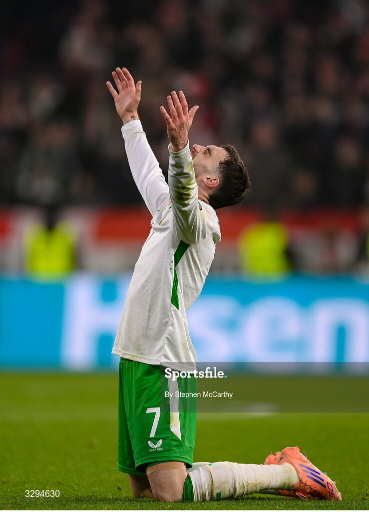 16 November 2025; Troy Parrott of Republic of Ireland reacts at the final whistle of the FIFA World Cup 2026 Group F Qualifier match between Hungary and Republic of Ireland at Puskás Aréna in Budapest, Hungary. Photo by Stephen McCarthy/Sportsfile