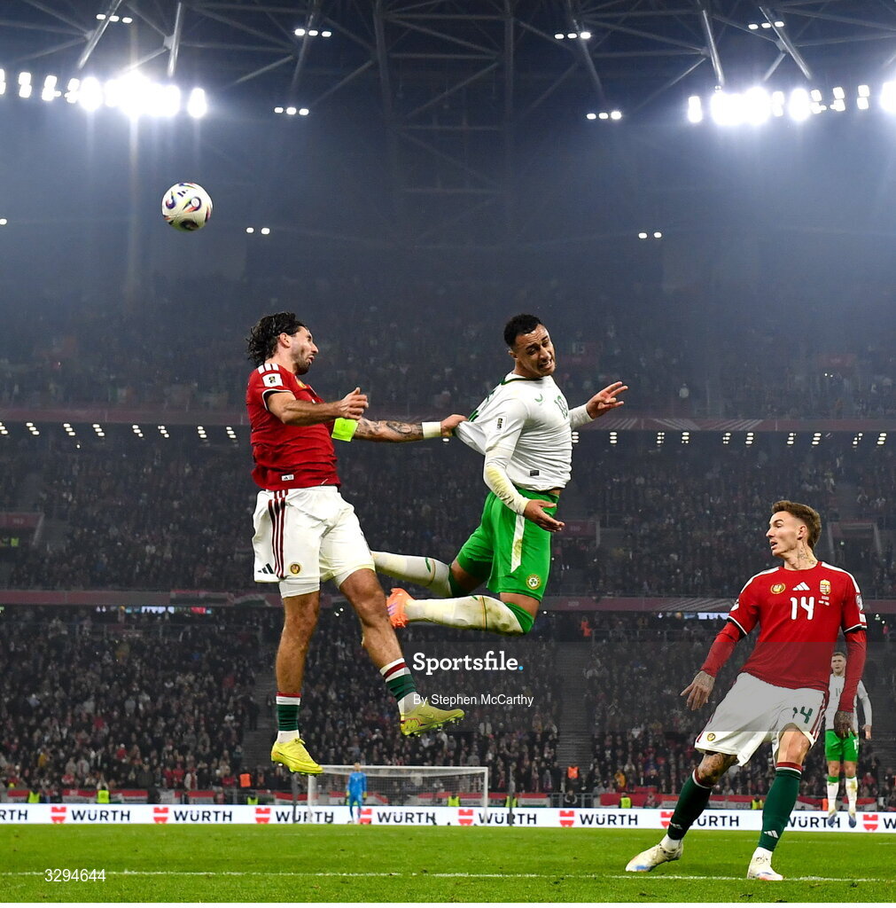 16 November 2025; Adam Idah of Republic of Ireland and Dominik Szoboszlai of Hungary during the FIFA World Cup 2026 Group F Qualifier match between Hungary and Republic of Ireland at Puskás Aréna in Budapest, Hungary. Photo by Stephen McCarthy/Sportsfile