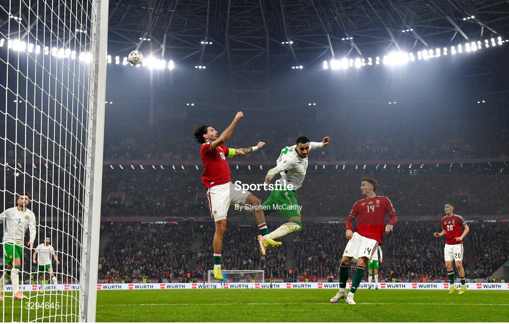 16 November 2025; Adam Idah of Republic of Ireland and Dominik Szoboszlai of Hungary during the FIFA World Cup 2026 Group F Qualifier match between Hungary and Republic of Ireland at Puskás Aréna in Budapest, Hungary. Photo by Stephen McCarthy/Sportsfile