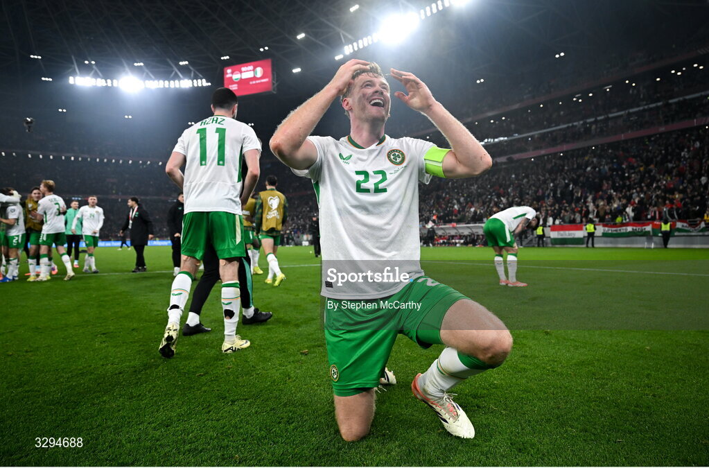 16 November 2025; Nathan Collins of Republic of Ireland celebrates after the FIFA World Cup 2026 Group F Qualifier match between Hungary and Republic of Ireland at Puskás Aréna in Budapest, Hungary.  Photo by Stephen McCarthy/Sportsfile
