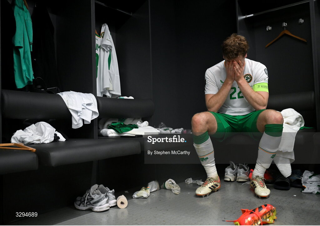 16 November 2025; Nathan Collins of Republic of Ireland in their dressing room after the FIFA World Cup 2026 Group F Qualifier match between Hungary and Republic of Ireland at Puskás Aréna in Budapest, Hungary. Photo by Stephen McCarthy/Sportsfile
