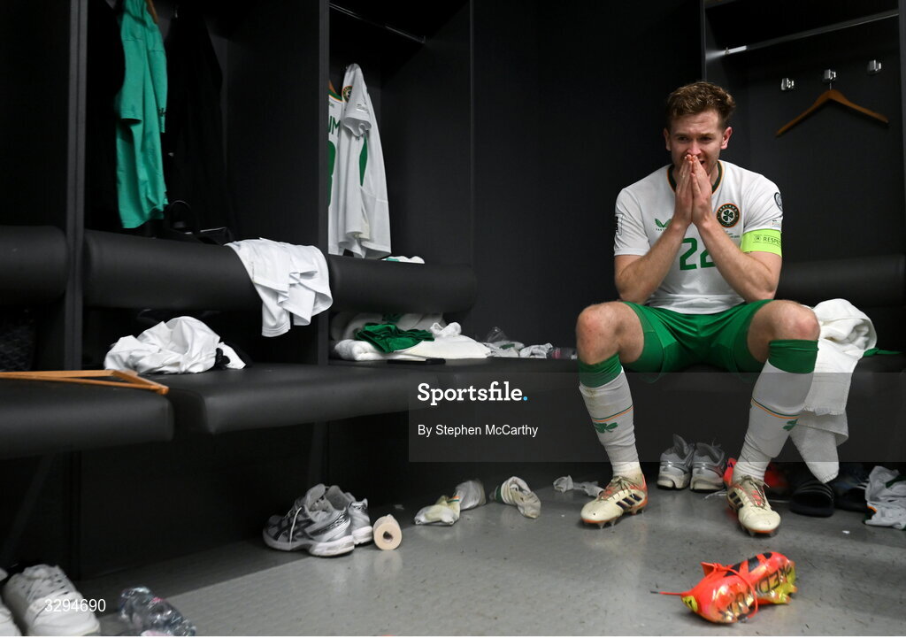 16 November 2025; Nathan Collins of Republic of Ireland in their dressing room after the FIFA World Cup 2026 Group F Qualifier match between Hungary and Republic of Ireland at Puskás Aréna in Budapest, Hungary. Photo by Stephen McCarthy/Sportsfile