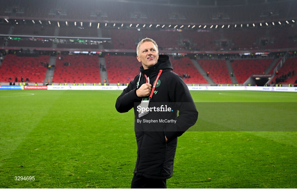 16 November 2025; Republic of Ireland head coach Heimir Hallgrimsson celebrates after the FIFA World Cup 2026 Group F Qualifier match between Hungary and Republic of Ireland at Puskás Aréna in Budapest, Hungary. Photo by Stephen McCarthy/Sportsfile