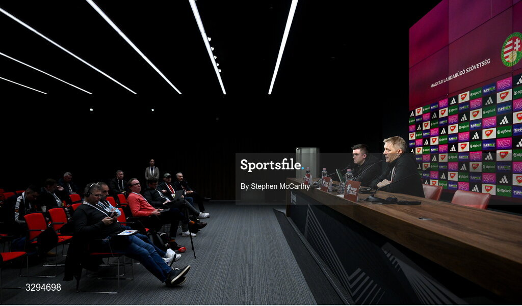 16 November 2025; Republic of Ireland head coach Heimir Hallgrimsson and FAI communications manager Kieran Crowley after the FIFA World Cup 2026 Group F Qualifier match between Hungary and Republic of Ireland at Puskás Aréna in Budapest, Hungary.  Photo by Stephen McCarthy/Sportsfile