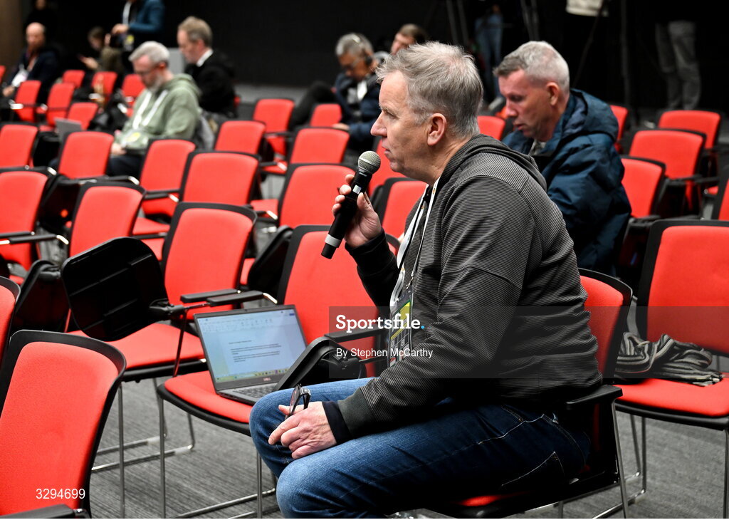 16 November 2025; RTÉ sport journalist Ed Leahy during the post match press conference following the FIFA World Cup 2026 Group F Qualifier match between Hungary and Republic of Ireland at Puskás Aréna in Budapest, Hungary. Photo by Stephen McCarthy/Sportsfile