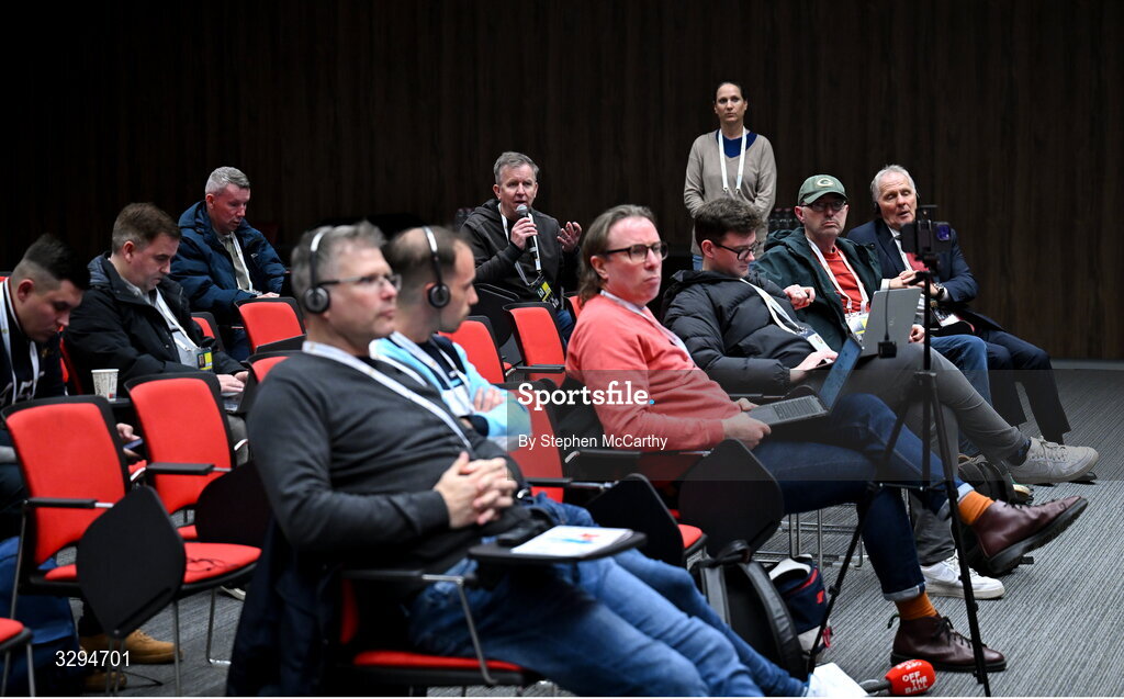 16 November 2025; RTÉ sport journalist Ed Leahy during the post match press conference following the FIFA World Cup 2026 Group F Qualifier match between Hungary and Republic of Ireland at Puskás Aréna in Budapest, Hungary. Photo by Stephen McCarthy/Sportsfile